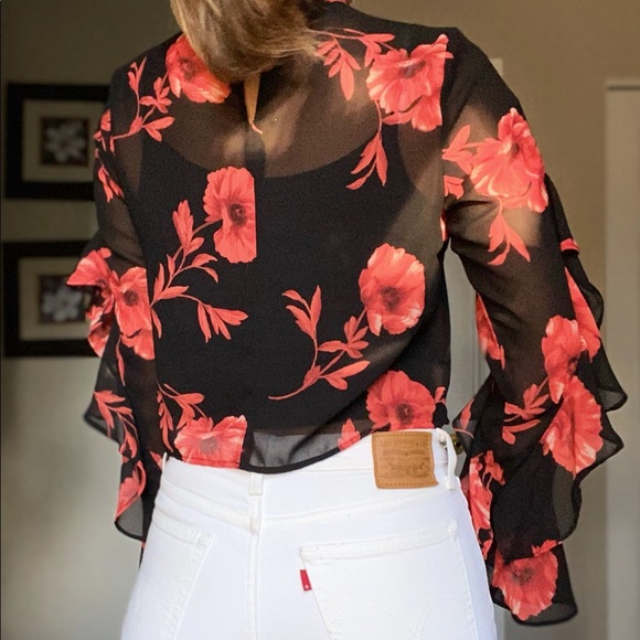 Sheer Black Top with Red Flowers - Picture 5 of 5